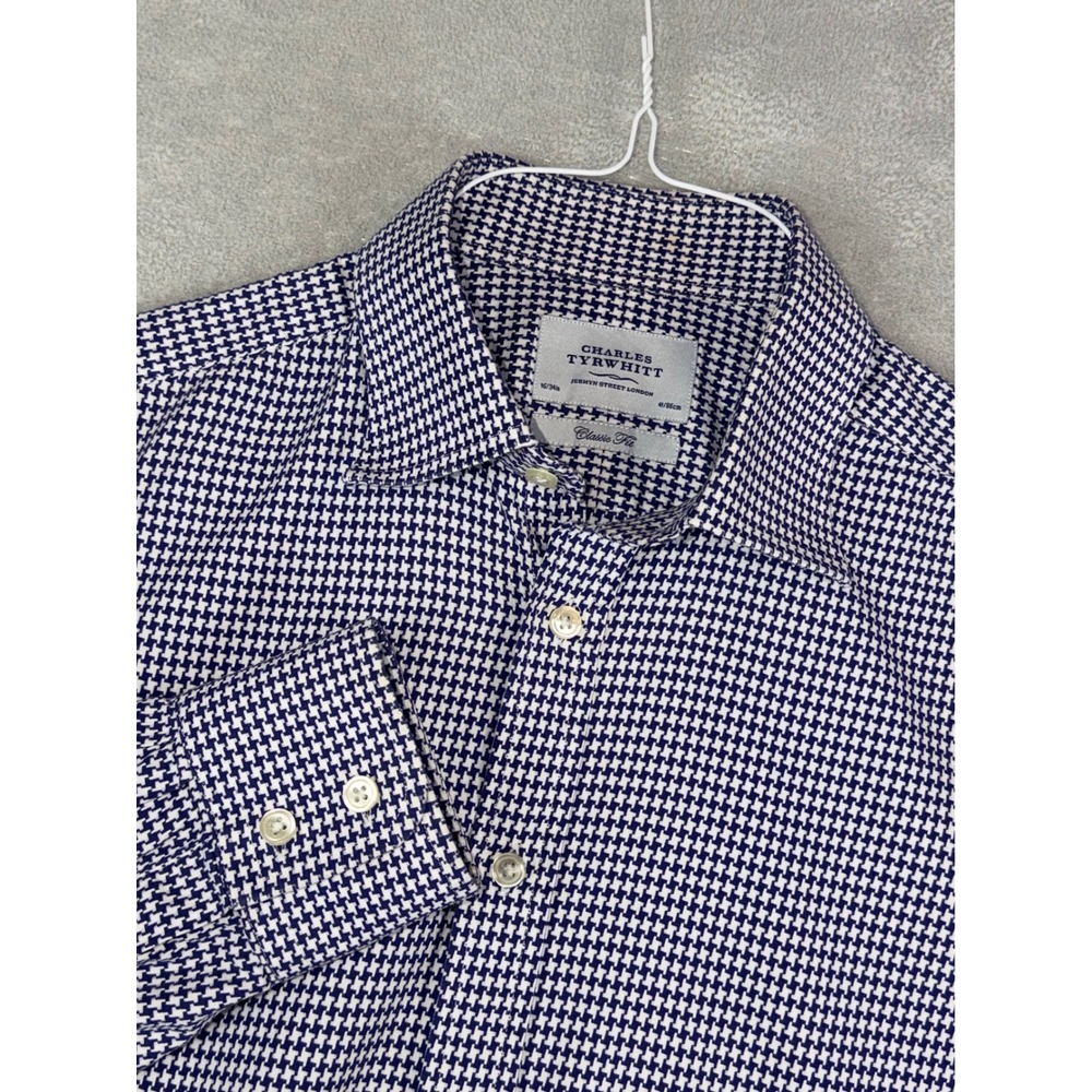 Charles Tyrwhitt Mens 16X34 Navy White Houndstooth Classic Fit Cotton Shirt